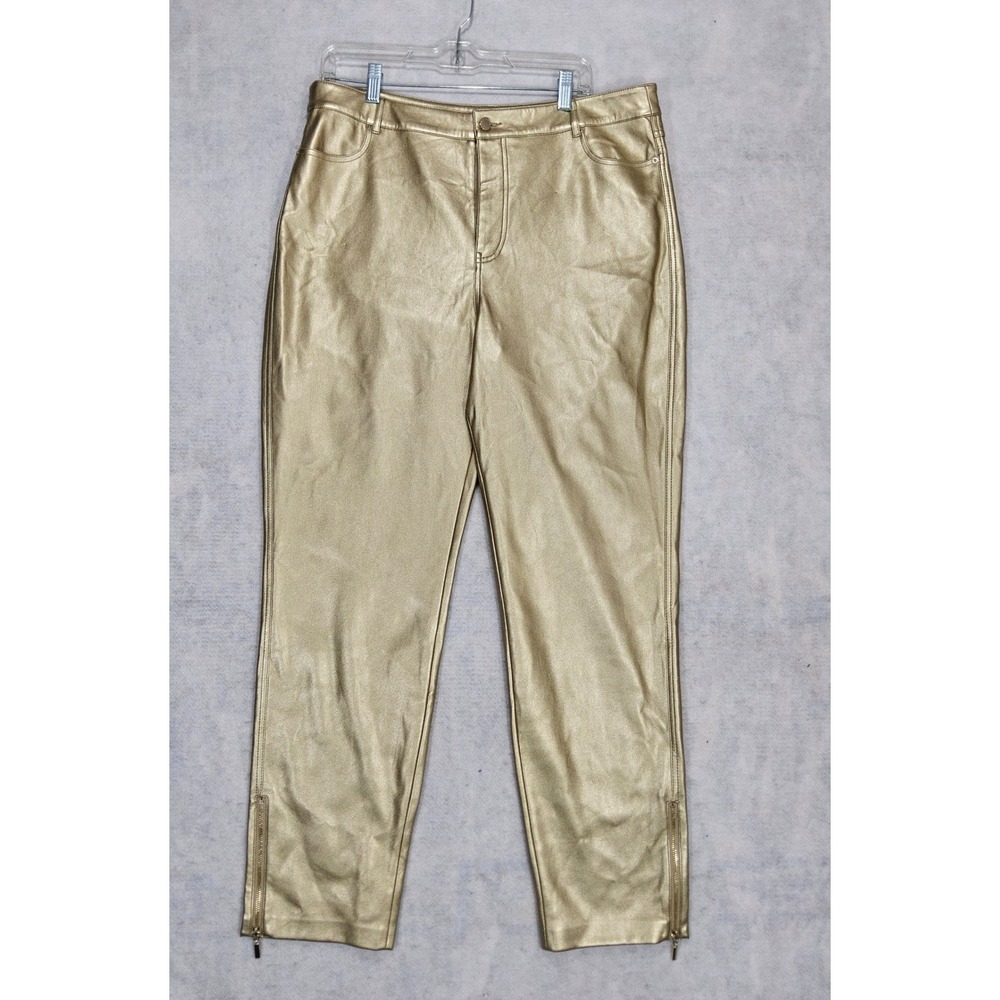 Elie Tahari Faux Leather Pants 16 NEW Slim Straight Metallic Moto Bikercore Gold